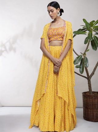 Aneesh Agarwaal-Yellow Floral Printed Cape & Lehenga Set-INDIASPOPUP.COM