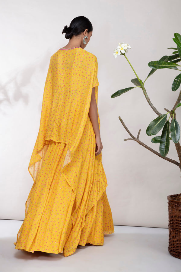 Aneesh Agarwaal-Yellow Floral Printed Cape & Lehenga Set-INDIASPOPUP.COM