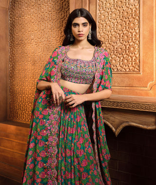 Aneesh Agarwaal-Emerald Green Printed Cape And Skirt Set-INDIASPOPUP.COM