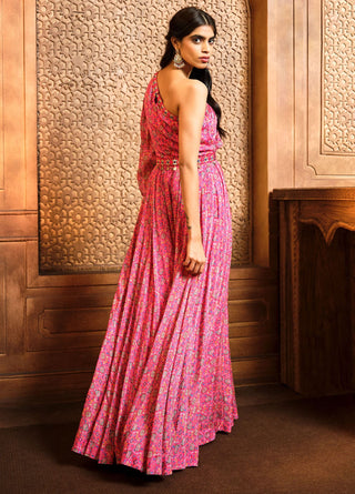 Aneesh Agarwaal-Pink Persian One Shoulder Jumpsuit And Belt-INDIASPOPUP.COM