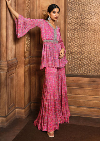 Aneesh Agarwaal-Pink Persian Peplum Sharara Set-INDIASPOPUP.COM