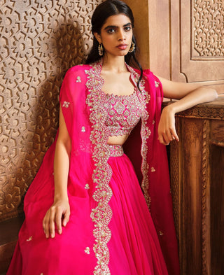 Aneesh Agarwaal-Rani Pink Embroidered Lehenga And Cape Set-INDIASPOPUP.COM