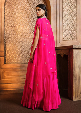 Aneesh Agarwaal-Rani Pink Embroidered Lehenga And Cape Set-INDIASPOPUP.COM