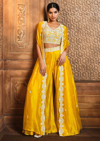 Aneesh Agarwaal-Yellow Pearl Embroidered Cape And Sharara Set-INDIASPOPUP.COM