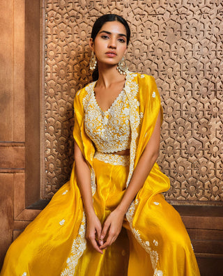 Aneesh Agarwaal-Yellow Pearl Embroidered Cape And Sharara Set-INDIASPOPUP.COM