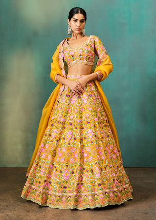 Aneesh Agarwaal-Yellow Multi Floral Highlight Lehenga Set-INDIASPOPUP.COM