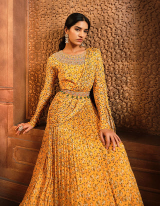 Aneesh Agarwaal-Yellow Floral Printed Draped Anarkali With Belt-INDIASPOPUP.COM