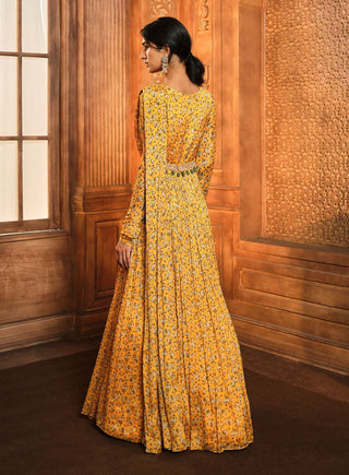 Aneesh Agarwaal-Yellow Floral Printed Draped Anarkali With Belt-INDIASPOPUP.COM