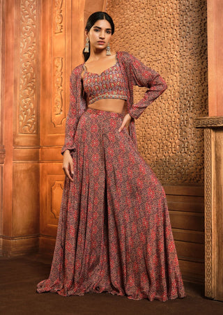Aneesh Agarwaal-Brown Persian Printed Jacket Sharara Set-INDIASPOPUP.COM