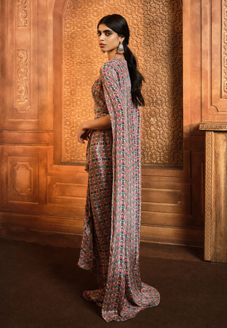 Aneesh Agarwaal-Olive Green Stripes Print Cape And Skirt Set-INDIASPOPUP.COM