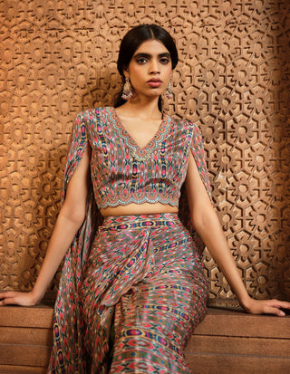 Aneesh Agarwaal-Olive Green Stripes Print Cape And Skirt Set-INDIASPOPUP.COM