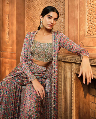 Aneesh Agarwaal-Olive Green Stripes Print Jacket Sharara Set-INDIASPOPUP.COM