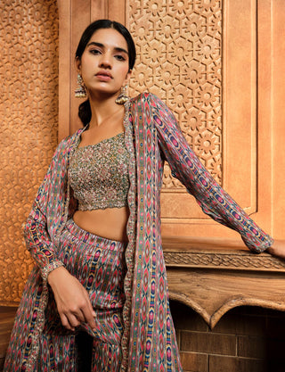 Aneesh Agarwaal-Olive Green Stripes Print Jacket Sharara Set-INDIASPOPUP.COM