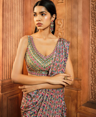 Aneesh Agarwaal-Olive Green Stripes Draped Sari Set-INDIASPOPUP.COM