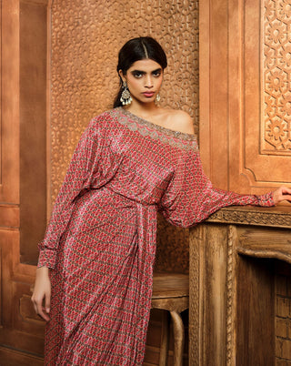 Aneesh Agarwaal-Red Printed Cowl Off Shoulder Dress-INDIASPOPUP.COM