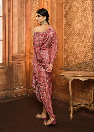 Aneesh Agarwaal-Red Printed Cowl Off Shoulder Dress-INDIASPOPUP.COM