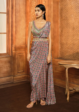 Aneesh Agarwaal-Olive Green Stripes Draped Sari Set-INDIASPOPUP.COM