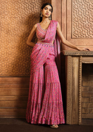 Aneesh Agarwaal-Pink Persian Printed Draped Sharara Sari Set-INDIASPOPUP.COM