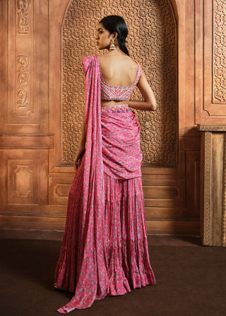 Aneesh Agarwaal-Pink Persian Printed Draped Sharara Sari Set-INDIASPOPUP.COM