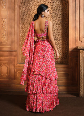 Aneesh Agarwaal-Red Floral Printed Layered Frill Sari Set-INDIASPOPUP.COM