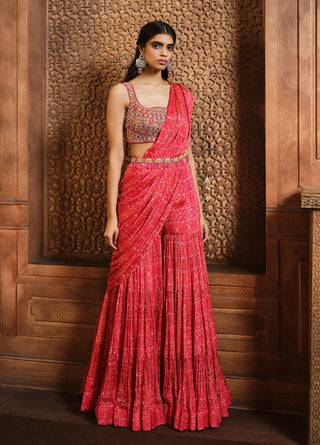 Aneesh Agarwaal-Vermillion Red Printed Draped Sharara Sari Set-INDIASPOPUP.COM