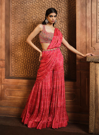 Aneesh Agarwaal-Vermillion Red Printed Draped Sharara Sari Set-INDIASPOPUP.COM
