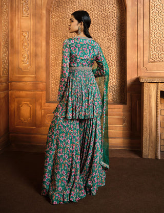 Aneesh Agarwaal-Emerald Green Printed Sharara Set-INDIASPOPUP.COM