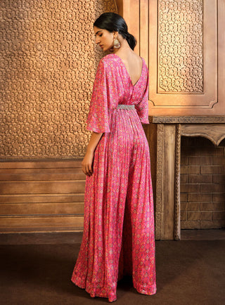 Aneesh Agarwaal-Pink Persian Printed Flared Jumpsuit With Belt-INDIASPOPUP.COM