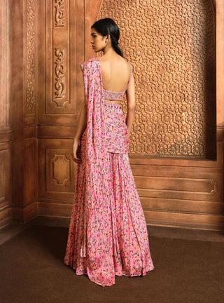 Aneesh Agarwaal-Pink Floral Printed Sharara Sari Set-INDIASPOPUP.COM