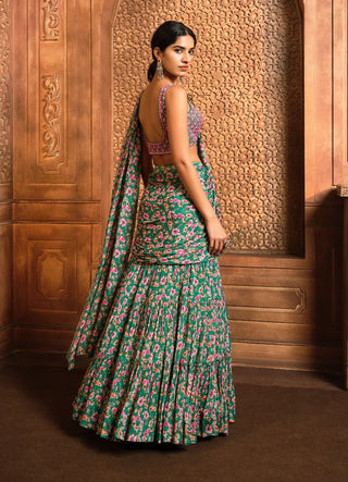 Aneesh Agarwaal-Emerald Green Printed Floral Draped Sari Set-INDIASPOPUP.COM