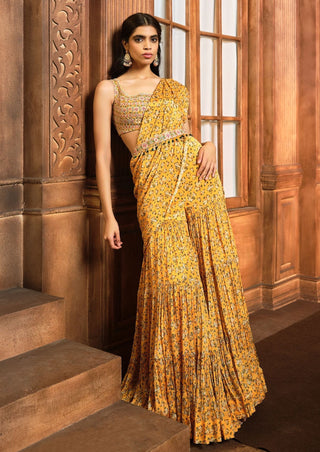 Aneesh Agarwaal-Yellow Floral Printed Draped Sharara Sari Set-INDIASPOPUP.COM