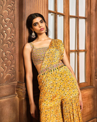 Aneesh Agarwaal-Yellow Floral Printed Draped Sharara Sari Set-INDIASPOPUP.COM