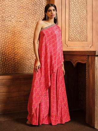 Aneesh Agarwaal-Vermillion Red One Shoulder Top And Sharara-INDIASPOPUP.COM