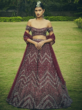 Bindani By Jigar And Nikita-Wine Red Lehenga Set-INDIASPOPUP.COM