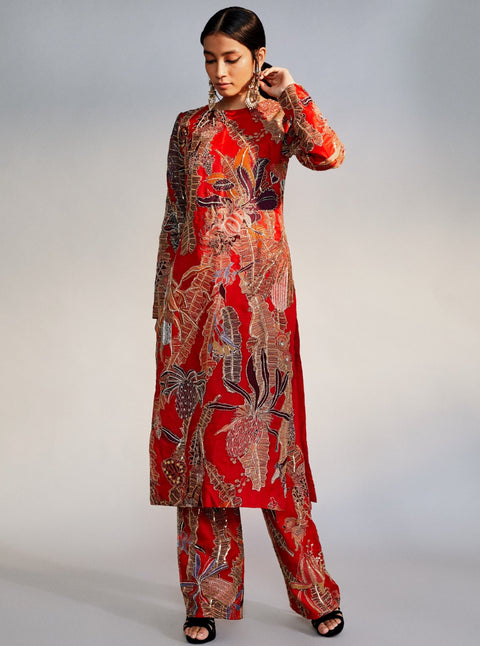 Aisha Rao-Fiery Red Long Kurta With Pants-INDIASPOPUP.COM