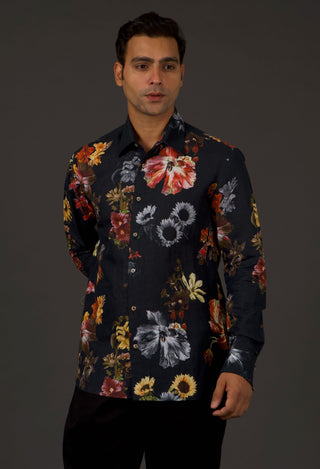 Balance By Rohit Bal-Black Floral Printed Shirt-INDIASPOPUP.COM