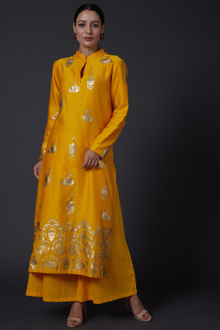 Balance By Rohit Bal-Yellow Block Printed Kurta With Palazzo-INDIASPOPUP.COM