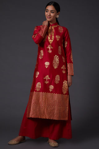 Balance By Rohit Bal-Red Block Print Kurta With Palazzo-INDIASPOPUP.COM