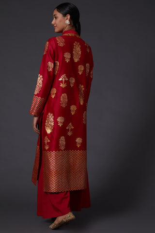 Balance By Rohit Bal-Red Block Print Kurta With Palazzo-INDIASPOPUP.COM