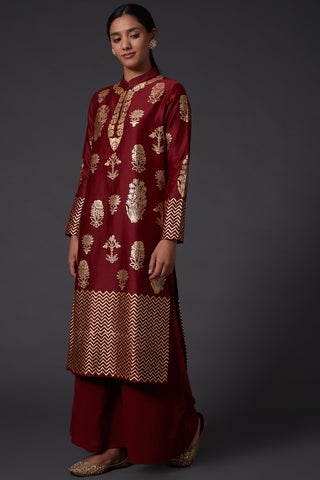 Balance By Rohit Bal-Wine Block Print Kurta With Palazzo-INDIASPOPUP.COM