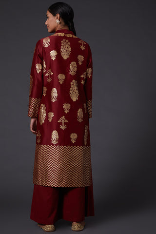 Balance By Rohit Bal-Wine Block Print Kurta With Palazzo-INDIASPOPUP.COM