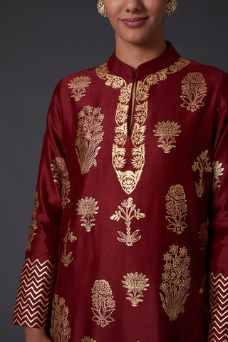 Balance By Rohit Bal-Wine Block Print Kurta With Palazzo-INDIASPOPUP.COM