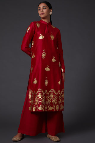 Balance By Rohit Bal-Red & Gold Block Printed Kurta With Palazzo-INDIASPOPUP.COM