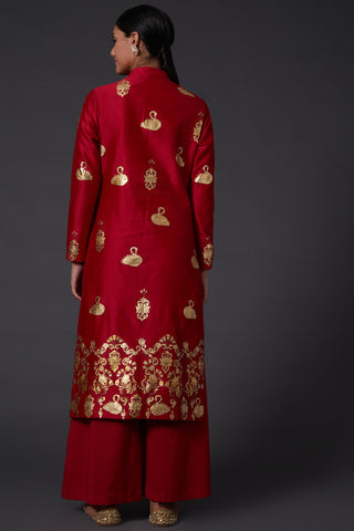 Balance By Rohit Bal-Red & Gold Block Printed Kurta With Palazzo-INDIASPOPUP.COM