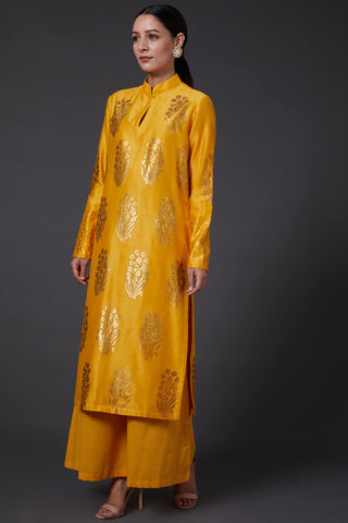 Balance By Rohit Bal-Yellow & Gold Block Printed Kurta With Palazzo-INDIASPOPUP.COM