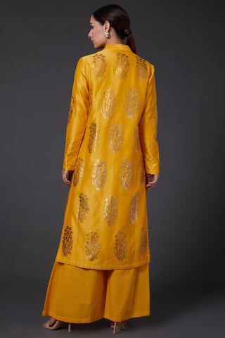 Balance By Rohit Bal-Yellow & Gold Block Printed Kurta With Palazzo-INDIASPOPUP.COM