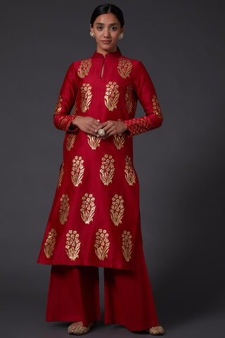 Balance By Rohit Bal-Red & Gold Block Printed Kurta With Palazzo-INDIASPOPUP.COM