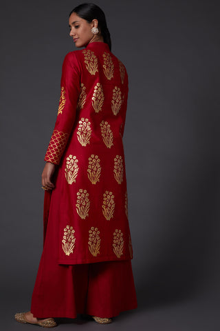 Balance By Rohit Bal-Red & Gold Block Printed Kurta With Palazzo-INDIASPOPUP.COM