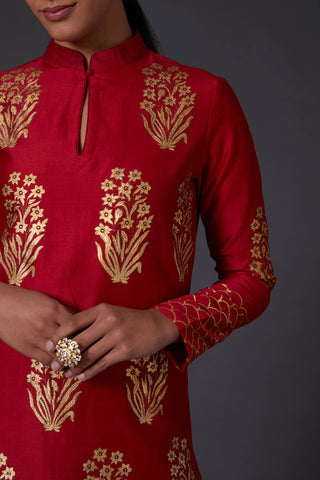 Balance By Rohit Bal-Red & Gold Block Printed Kurta With Palazzo-INDIASPOPUP.COM