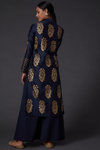 Balance By Rohit Bal-Indigo Blue Block Printed Kurta With Palazzo-INDIASPOPUP.COM